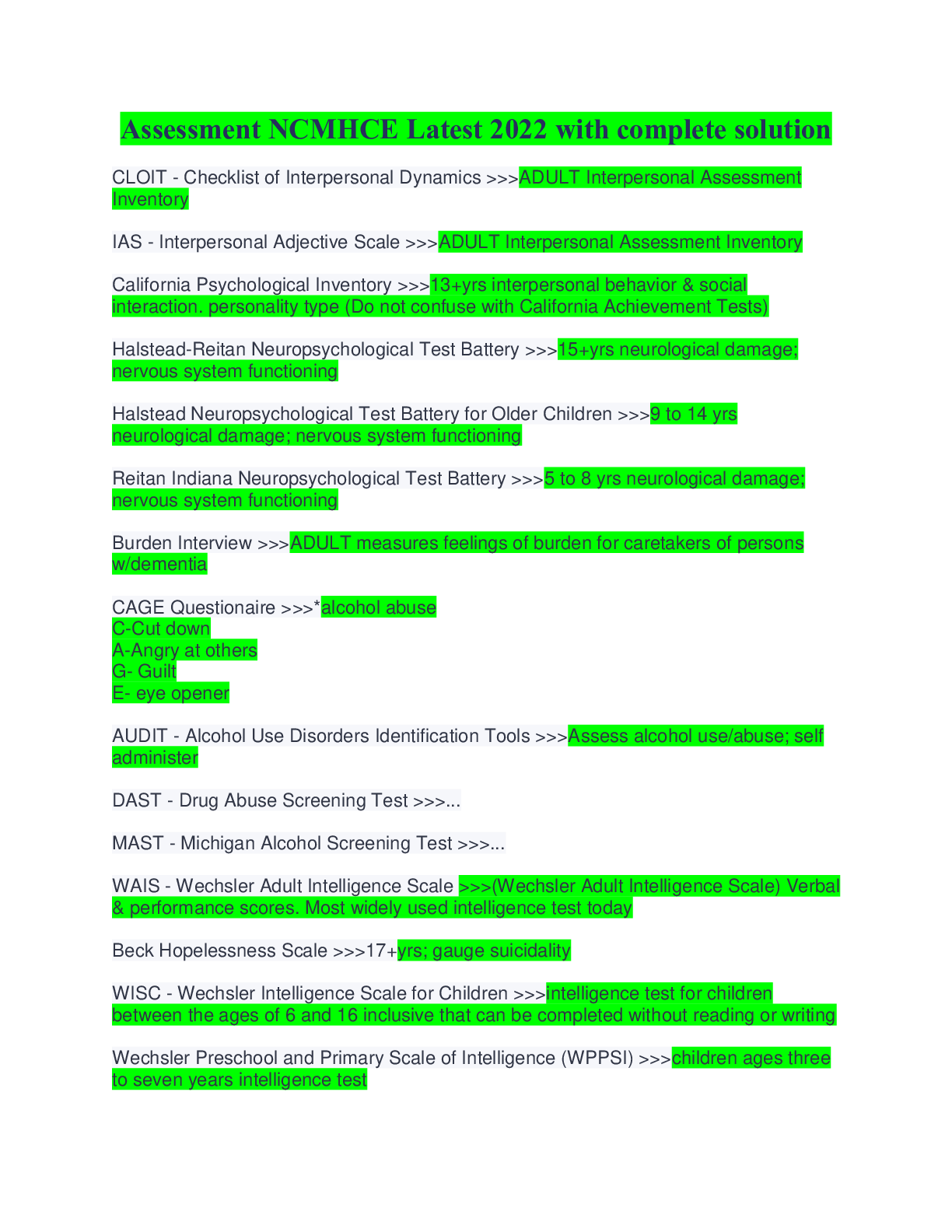 Preview image for Assessment NCMHCE Latest 2022 with complete solution
